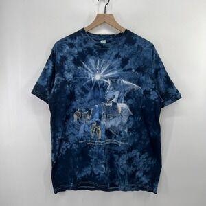 Y2K Vintage Wolf Tie Dye T-Shirt Men Large Blue Organic Cotton Endangered 2001